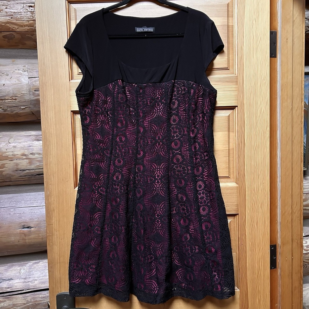 karin stevens Black Lace Overlay Dress with Pink Underlay 18w